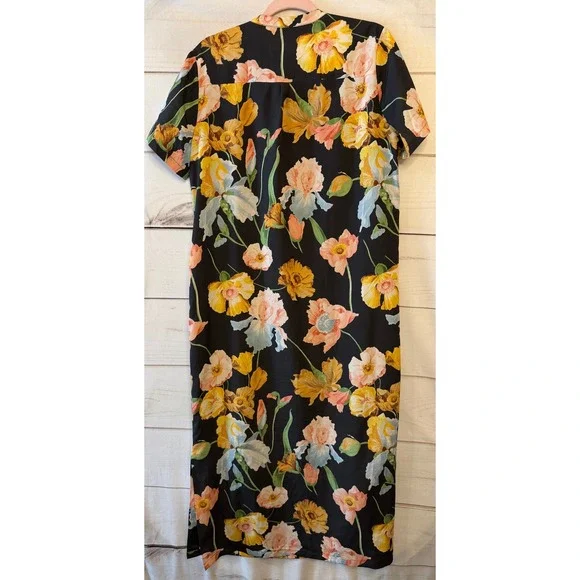 Tuckernuck Floral Maxi Dress Black Yellow Pink Short Sleeve Button Front M - Picture 7 of 7